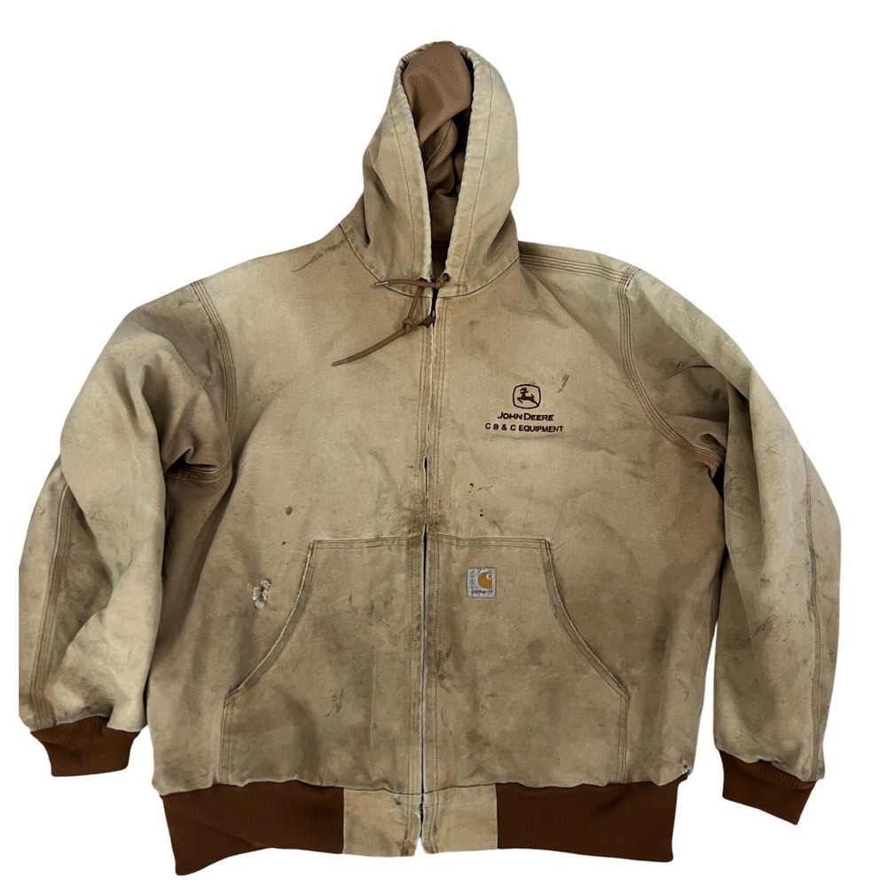 Carhartt Hooded Canvas Jacket Mens Brown John Deere Vintage Thrashed Canvas